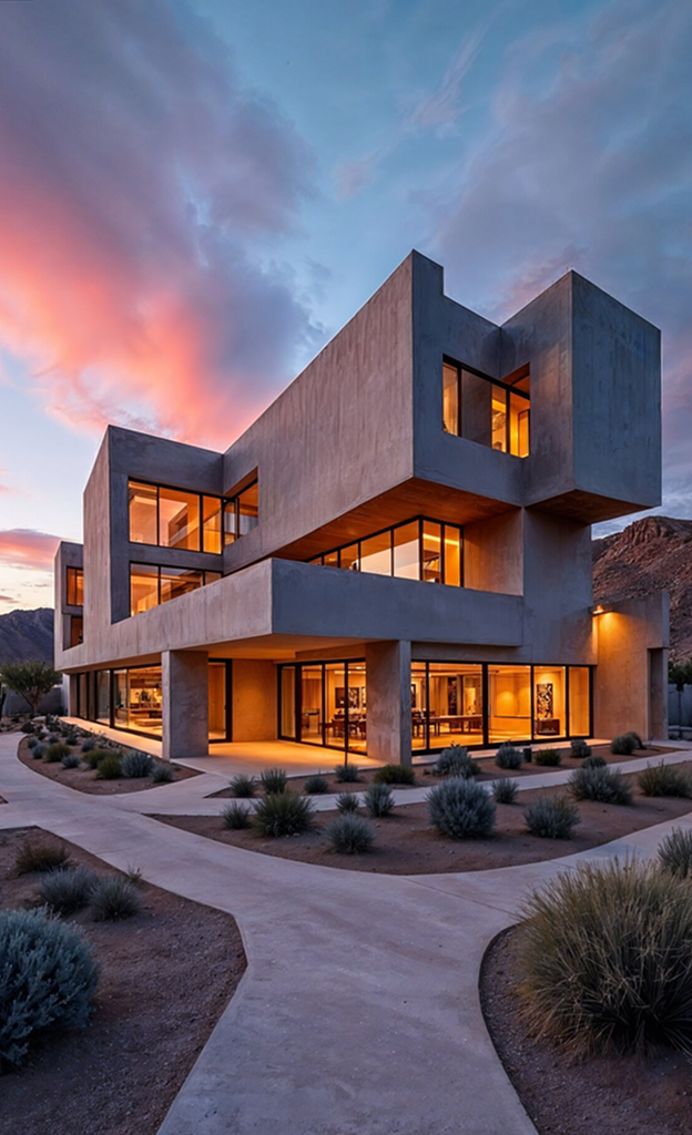 Modern desert architecture at sunset